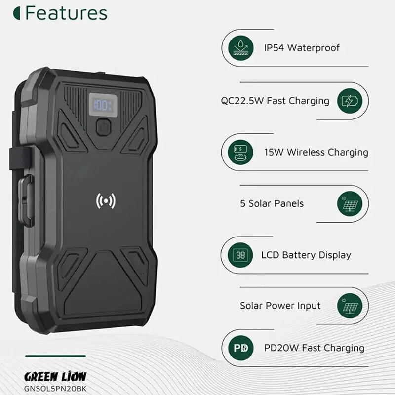 پاور بانک بی سیم خورشیدی فست شارژ گرین لاین Solar 5-Panel GL-PX27 GNSOL5PN20BK PD QC 22.5W ظرفیت 20000 میلی آمپر ساعت