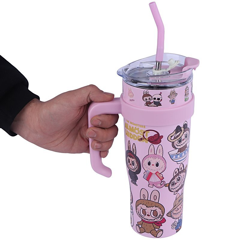 تراول ماگ تامبلر طرح لبوبو ظرفیت 1200 میلی لیتر + لیوان اسموتی طرح لبوبو کد 1010