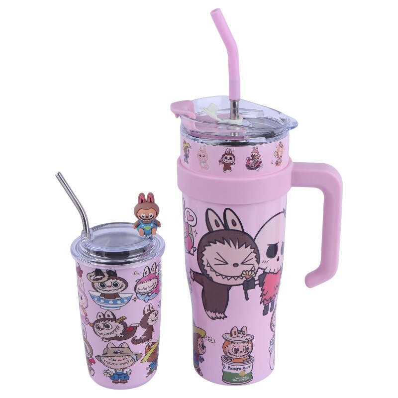 تراول ماگ تامبلر طرح لبوبو ظرفیت 1200 میلی لیتر + لیوان اسموتی طرح لبوبو کد 1010
