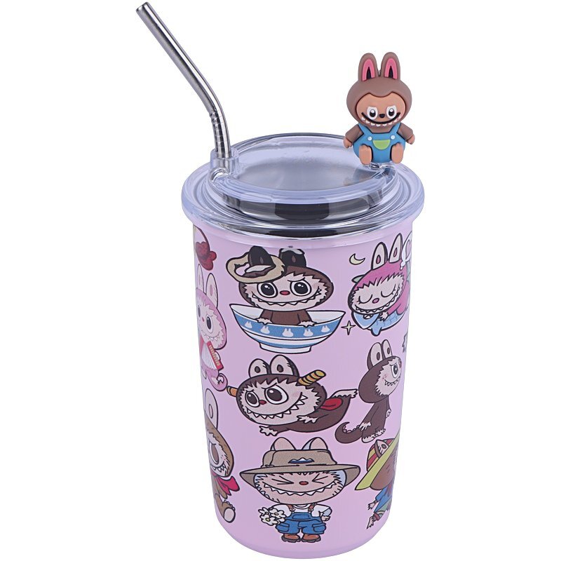 تراول ماگ تامبلر طرح لبوبو ظرفیت 1200 میلی لیتر + لیوان اسموتی طرح لبوبو کد 1010