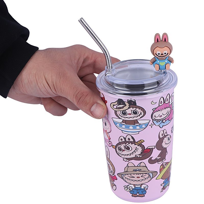 تراول ماگ تامبلر طرح لبوبو ظرفیت 1200 میلی لیتر + لیوان اسموتی طرح لبوبو کد 1010