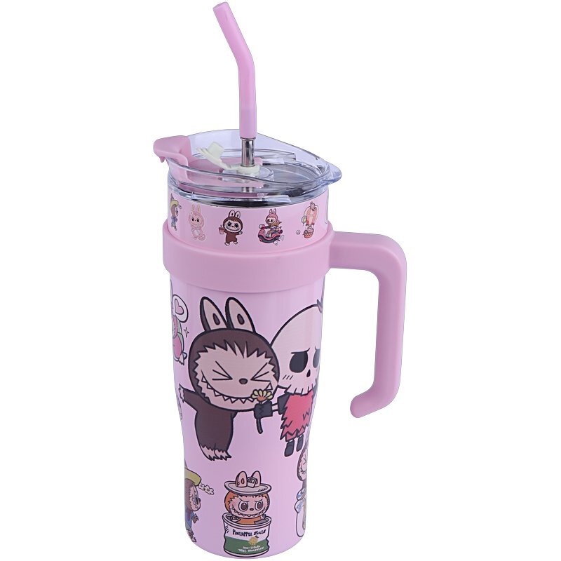 تراول ماگ تامبلر طرح لبوبو ظرفیت 1200 میلی لیتر + لیوان اسموتی طرح لبوبو کد 1010