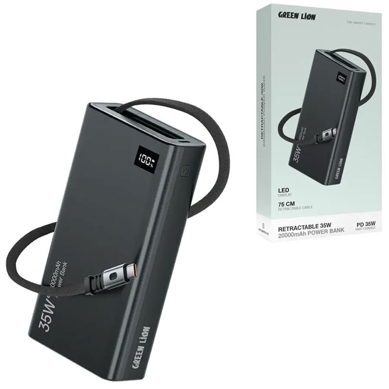 پاور بانک فست شارژ گرین لاین Retractable PD 35W ظرفیت 20000 میلی آمپر ساعت