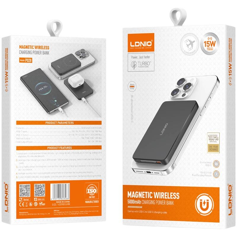 پاور بانک بی سیم فست شارژ الدینیو PQ28 QC3.0 PD 20W ظرفیت 5000 میلی آمپر ساعت