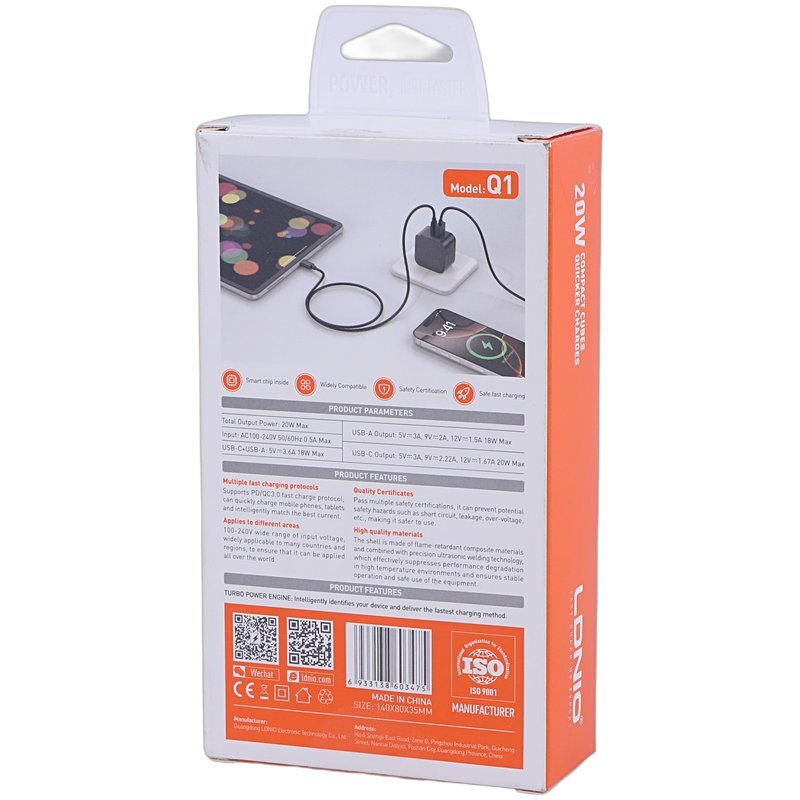 شارژر دیواری 20 وات الدینیو Q1 QC3.0 PD 3A + کابل تایپ سی