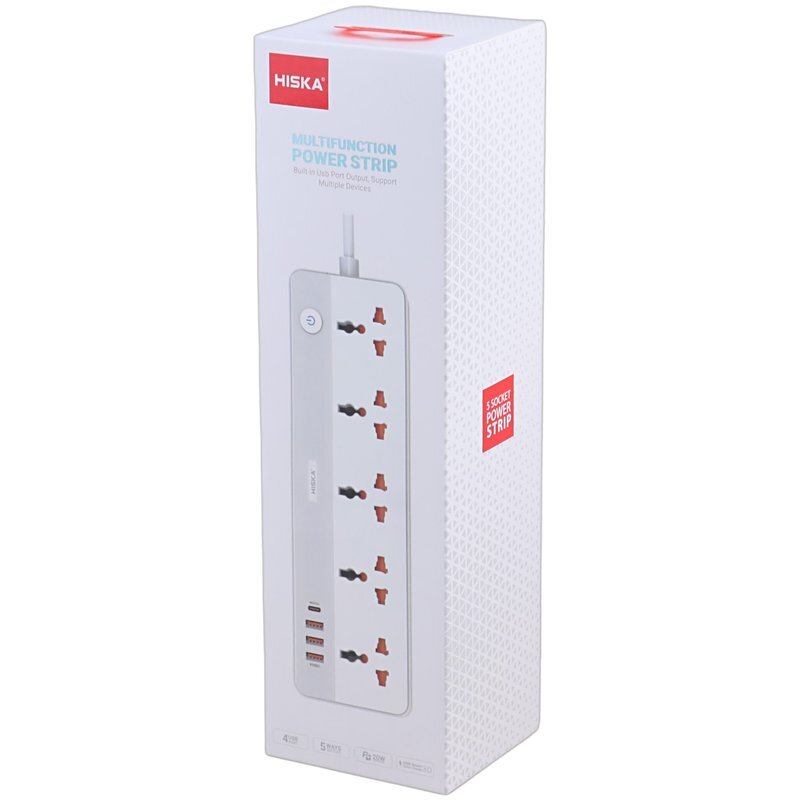 چند راهی 5 خانه برق هیسکا CH-5517EU با کابل 2 متری + شارژر USB و Type-C