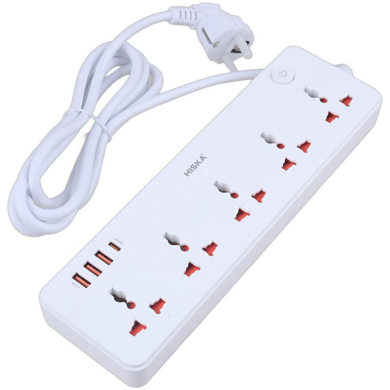 چند راهی 5 خانه برق هیسکا CH-5517EU با کابل 2 متری + شارژر USB و Type-C