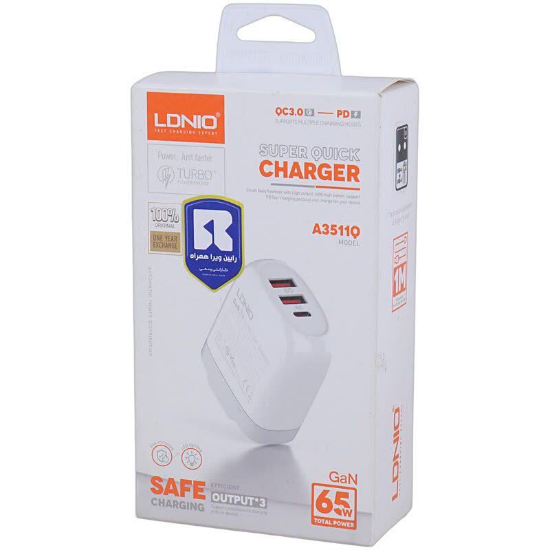 شارژر دیواری 65 وات الدینیو A3511Q QC3.0 PD 3.25A + کابل تایپ سی