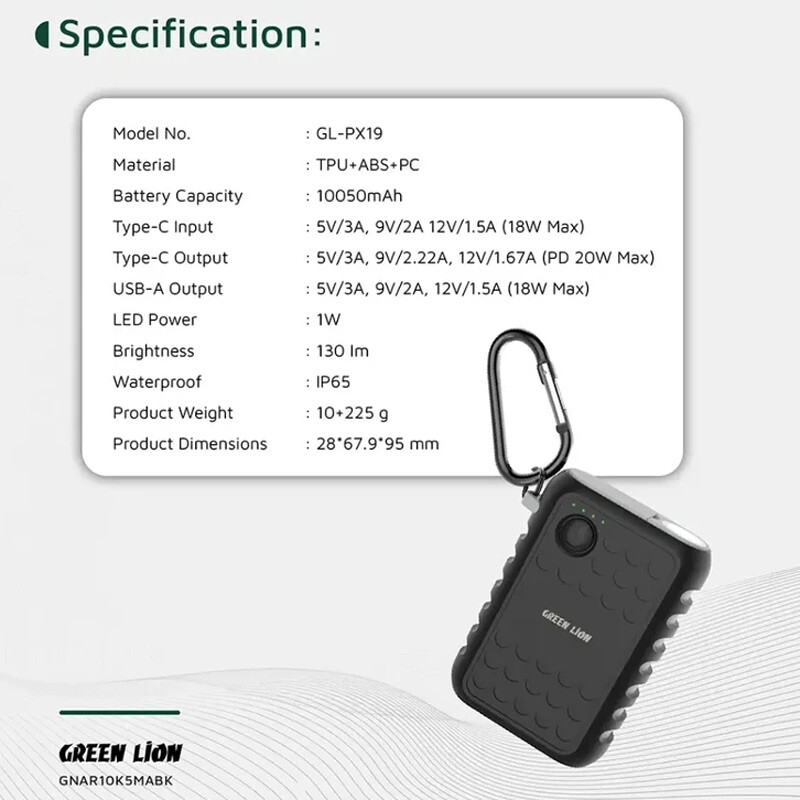 پاور بانک فست شارژ گرین لاین ARMOR GL-PX19 GNAR10K5MA PD 20W ظرفیت 10050 میلی آمپر ساعت