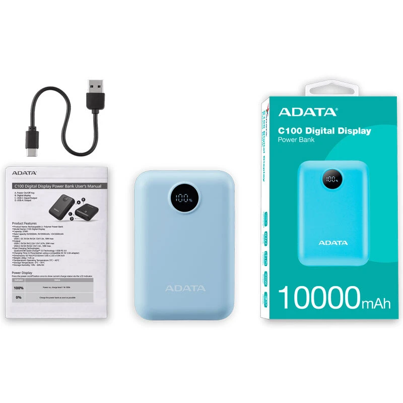 پاور بانک فست شارژ ای دیتا C100 Digital Display QC3.0 PD 20W ظرفیت 10000 میلی آمپر ساعت