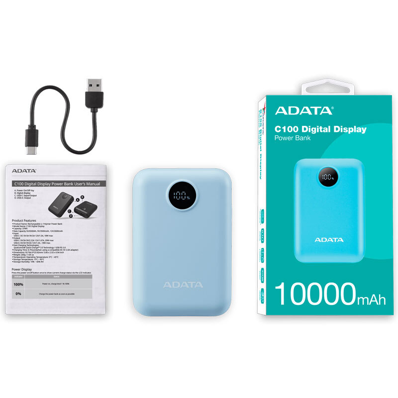 پاور بانک فست شارژ ای دیتا C100 Digital Display QC3.0 PD 20W ظرفیت 10000 میلی آمپر ساعت