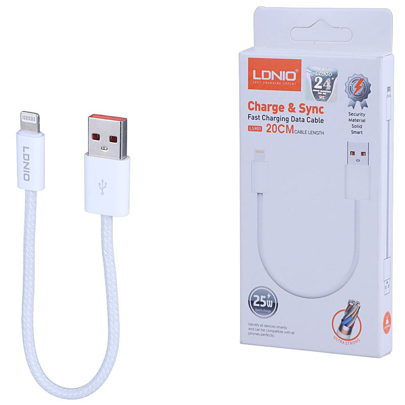 کابل کوتاه لایتنینگ فست شارژ 25 وات الدینیو LS901 طول 20 سانتی متر