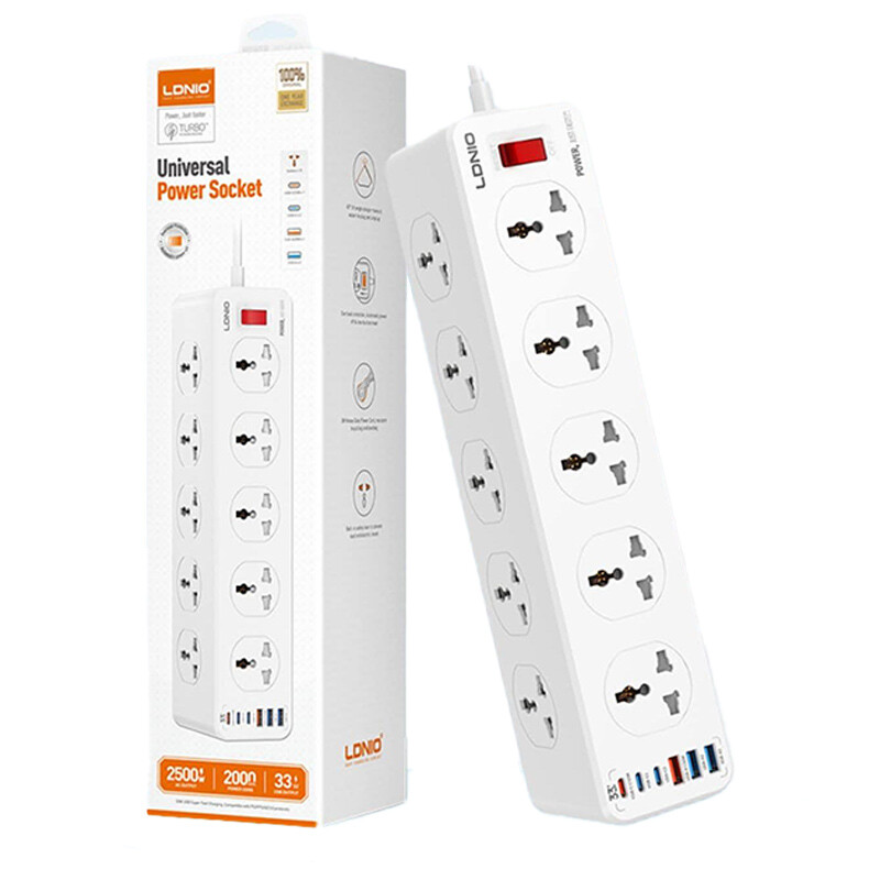 چند راهی 10 خانه برق الدینیو SC10610C با کابل 2 متری + شارژر USB و Type-C