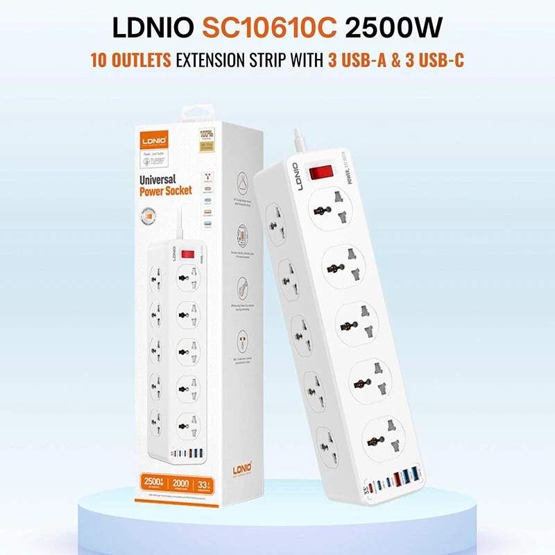 چند راهی 10 خانه الدینیو SC10610C با کابل 2 متری + شارژر USB و Type-C