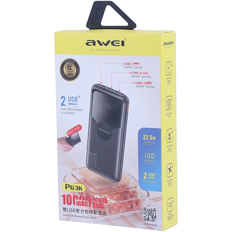 پاوربانک فست شارژ اوی P63K 22.5W ظرفیت 10000 میلی آمپر ساعت