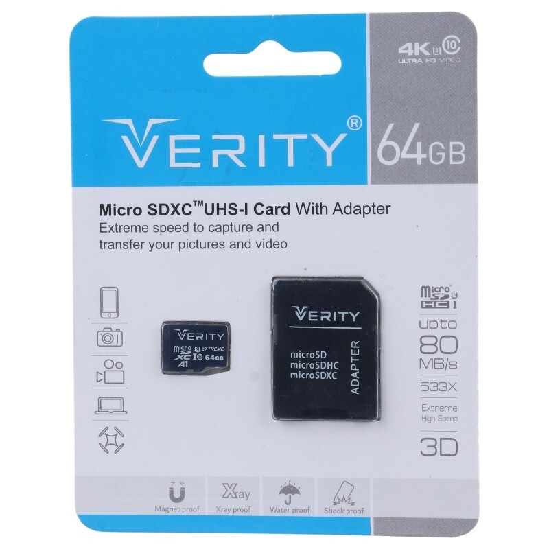 رم میکرو 64 گیگ وریتی Verity A1 U3 C10 80MB/s + خشاب