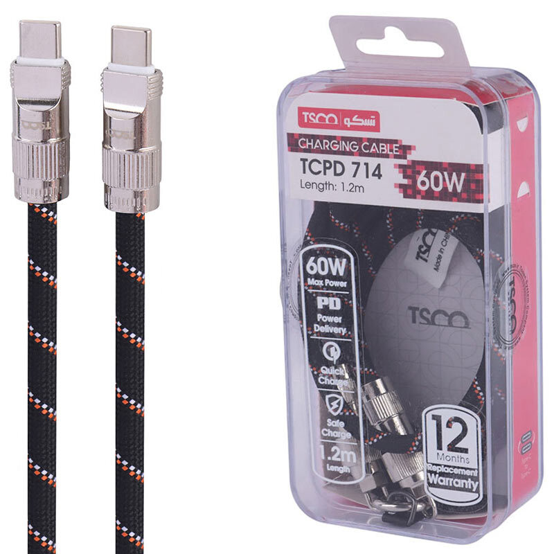 کابل دو سر تایپ سی فست شارژ 60 وات تسکو TCPD 714 طول 1.2 متر