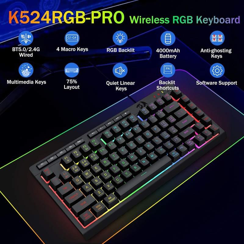 کیبورد بی سیم گیمینگ ردراگون CRESCENT K524 Pro