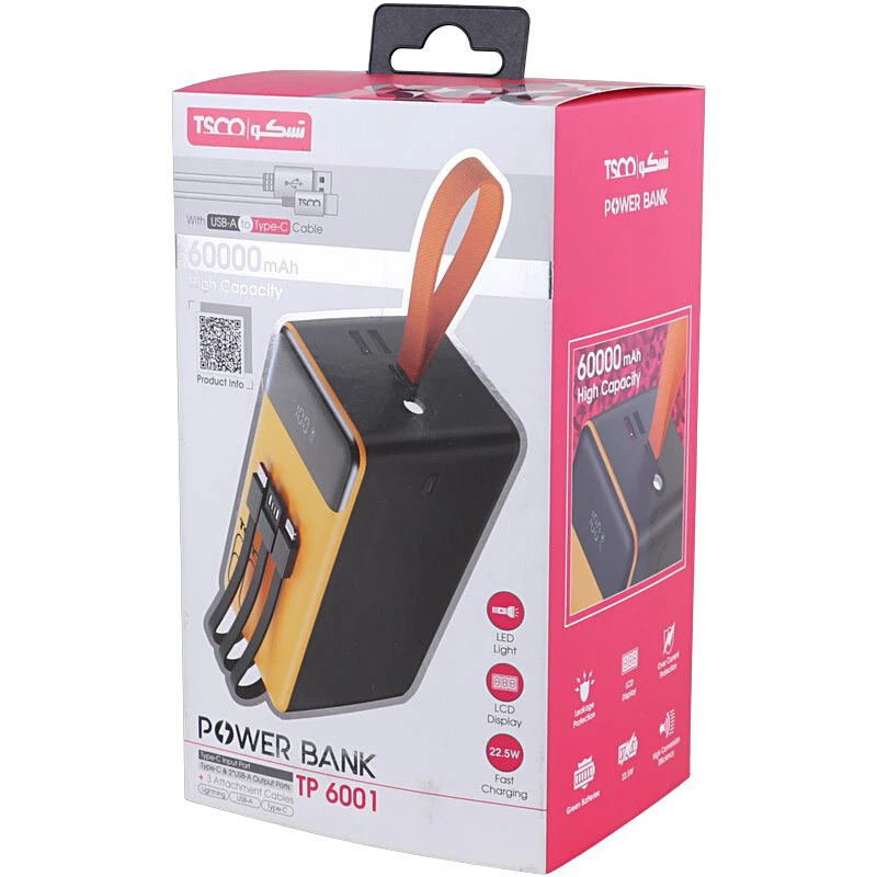 پاور بانک فست شارژ تسکو TP 6001 QC3.0 PD 22.5W ظرفیت 60000 میلی آمپر ساعت
