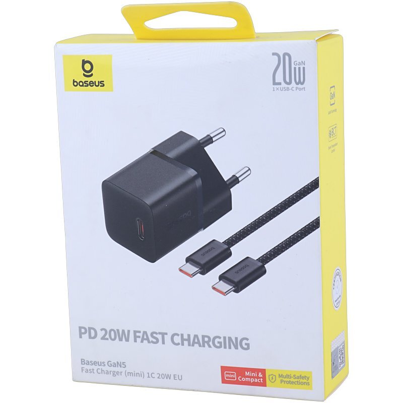 شارژر دیواری 20 وات باسئوس GaN5 CCGAN20E5-M P10110900 PD 3A + کابل تایپ سی