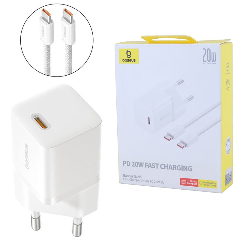 شارژر دیواری 20 وات باسئوس GaN5 CCGAN20E5-M P10110900 PD 3A + کابل تایپ سی