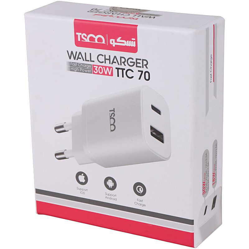 شارژر دیواری 30 وات تسکو TTC 70 QC3.0 PD 3A + کابل تایپ سی