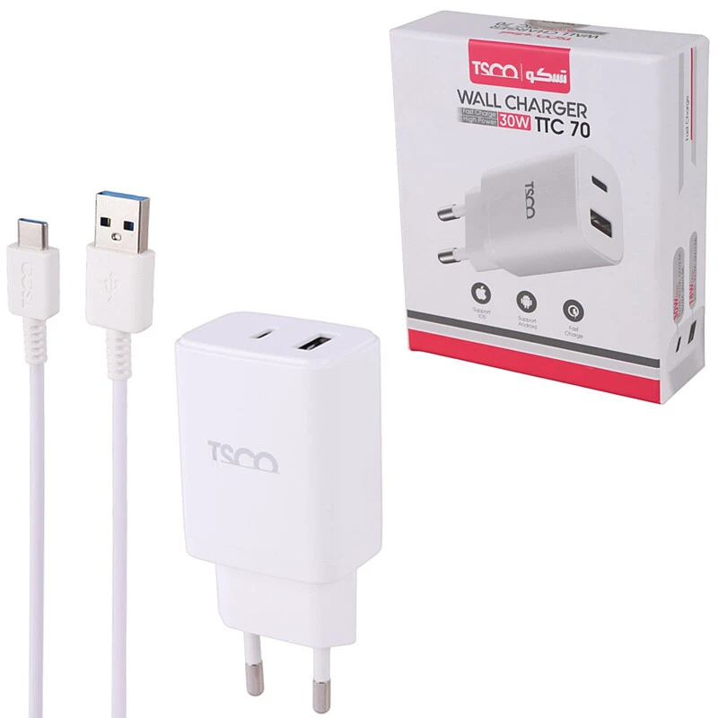 شارژر دیواری 30 وات تسکو TTC 70 QC3.0 PD 3A + کابل تایپ سی