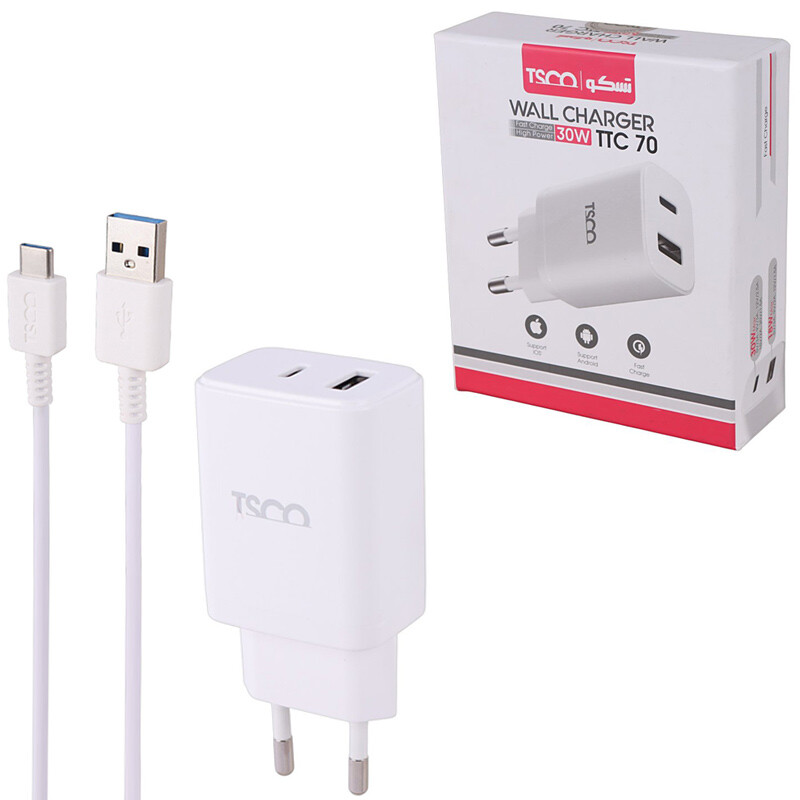 شارژر دیواری 30 وات تسکو TTC 70 QC3.0 PD 3A + کابل تایپ سی