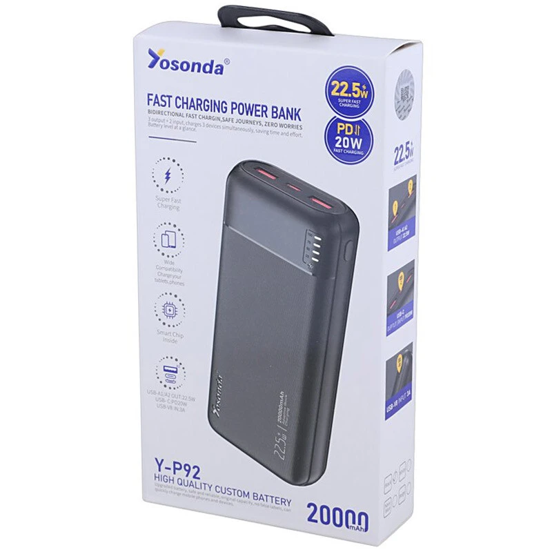 پاور بانک فست شارژ یوسوندا Y-P92 QC PD 22.5W ظرفیت 20000 میلی آمپر ساعت