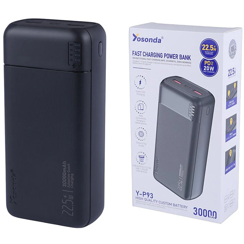پاور بانک فست شارژ یوسوندا Y-P93 QC PD 22.5W ظرفیت 30000 میلی آمپر ساعت