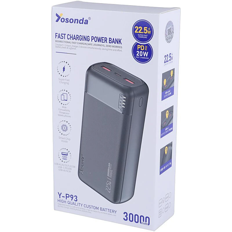 پاور بانک فست شارژ یوسوندا Y-P93 QC PD 22.5W ظرفیت 30000 میلی آمپر ساعت