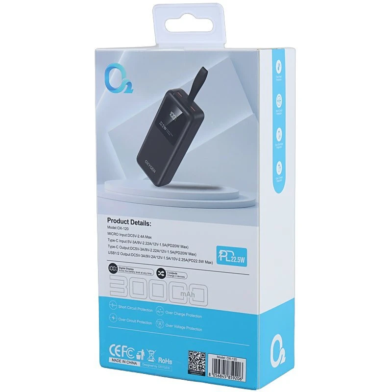 پاور بانک فست شارژ اکسیژن OX-120 PD 22.5W ظرفیت 30000 میلی آمپر ساعت