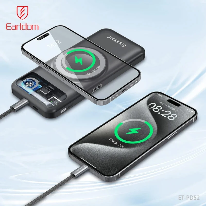 پاور بانک بی سیم فست شارژ ارلدام ET-PD52 PD 20W ظرفیت 10000 میلی آمپر ساعت