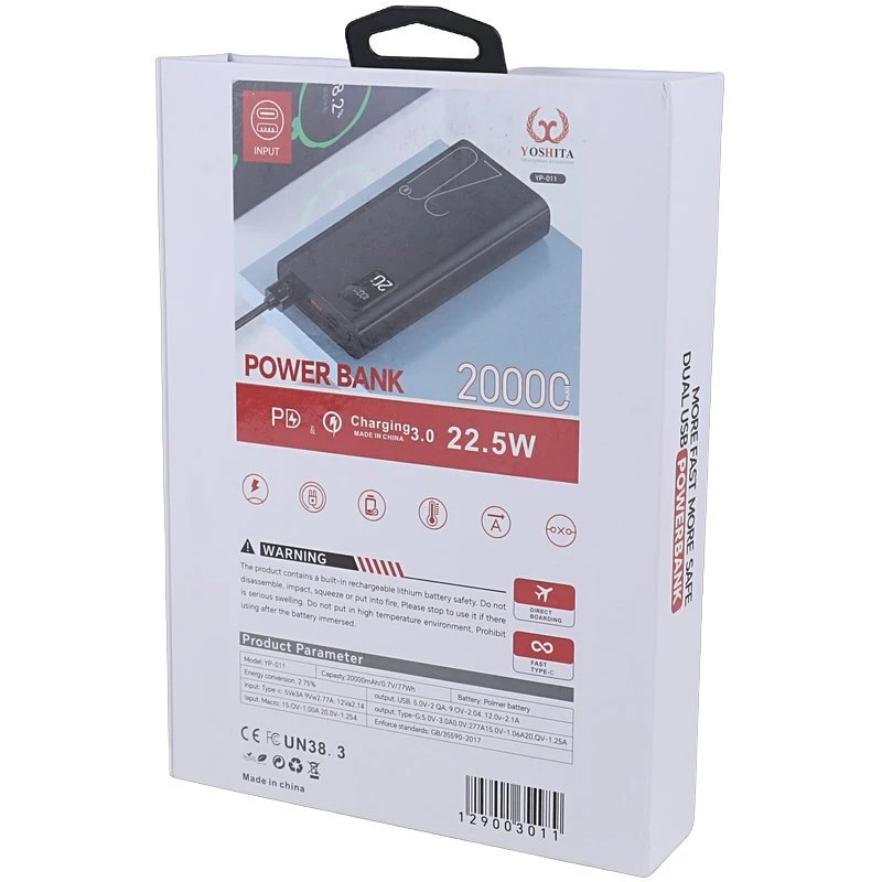 پاور بانک فست شارژ یوشیتا YP-011 QC3.0 PD 22.5W ظرفیت 20000 میلی آمپر ساعت