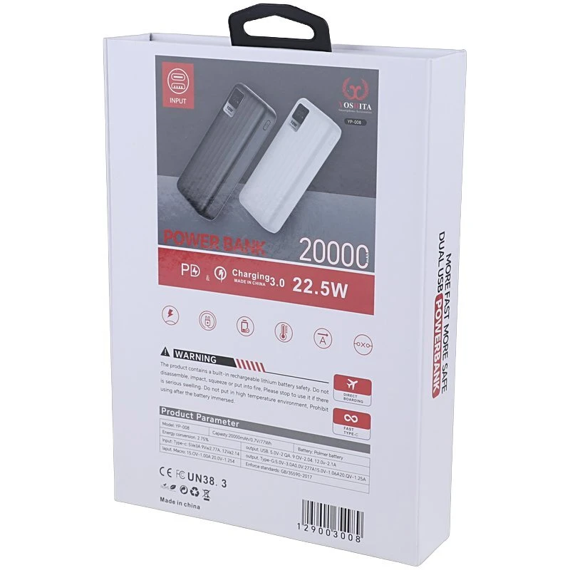 پاور بانک فست شارژ یوشیتا YP-008 QC3.0 PD 22.5W ظرفیت 20000 میلی آمپر ساعت