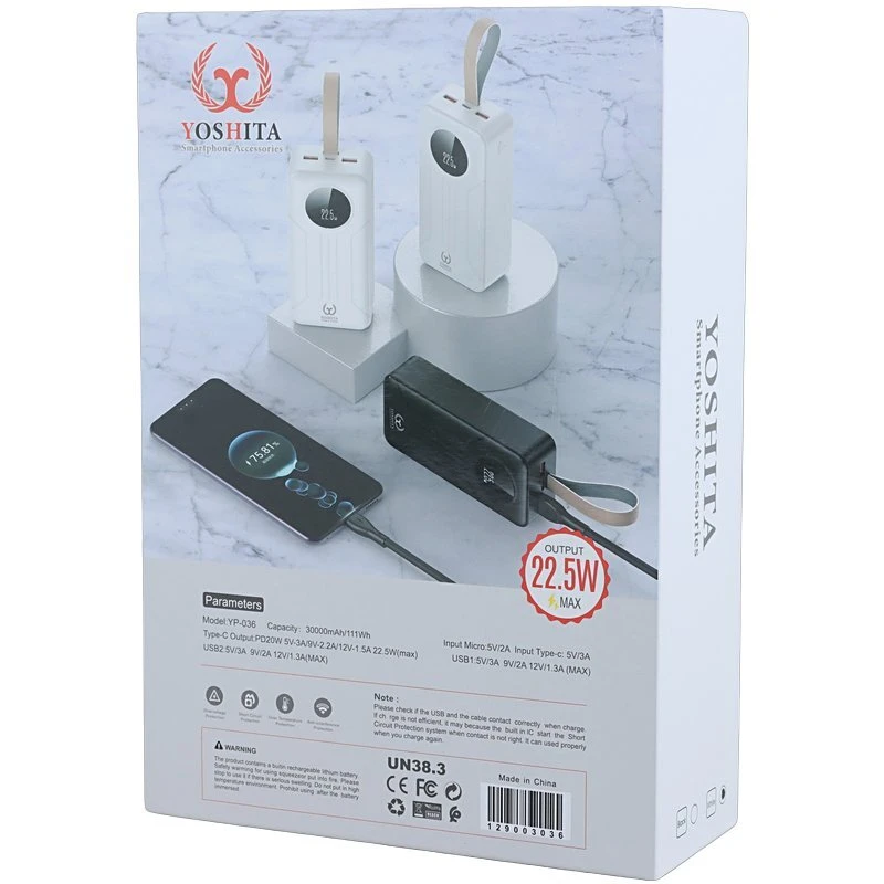 پاور بانک فست شارژ یوشیتا YP-036 QC3.0 PD 22.5W ظرفیت 30000 میلی آمپر ساعت