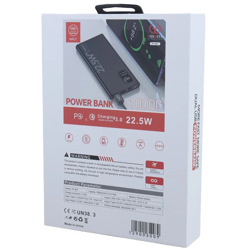 پاور بانک فست شارژ یوشیتا YP-009 QC3.0 PD 22.5W ظرفیت 10000 میلی آمپر ساعت