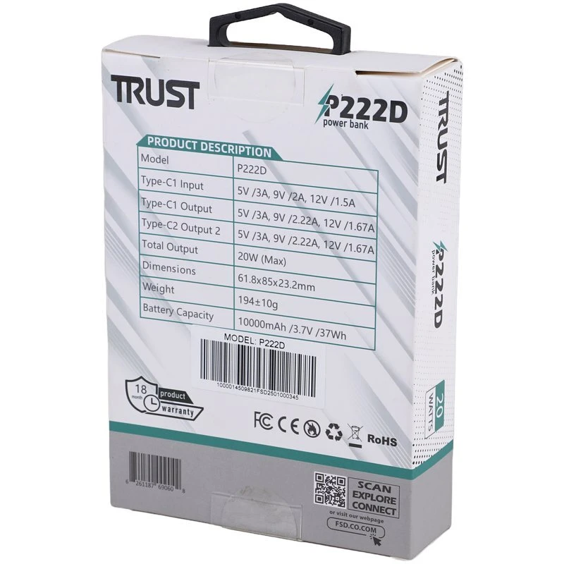 پاور بانک فست شارژ تراست P222D PD 20W ظرفیت 10000 میلی آمپر ساعت