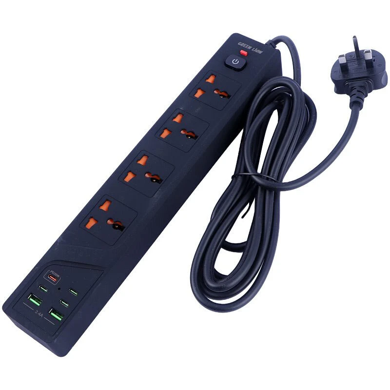 چند راهی 4 خانه گرین لاین GNPS3MQCBK با کابل 3 متری + شارژر USB و Type-C