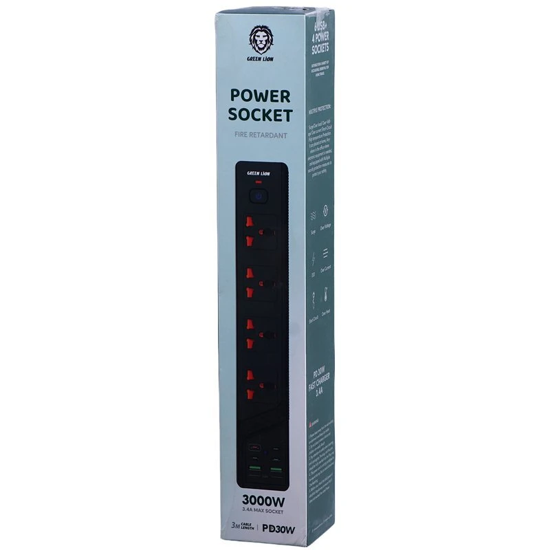 چند راهی 4 خانه گرین لاین GNPS3MQCBK با کابل 3 متری + شارژر USB و Type-C