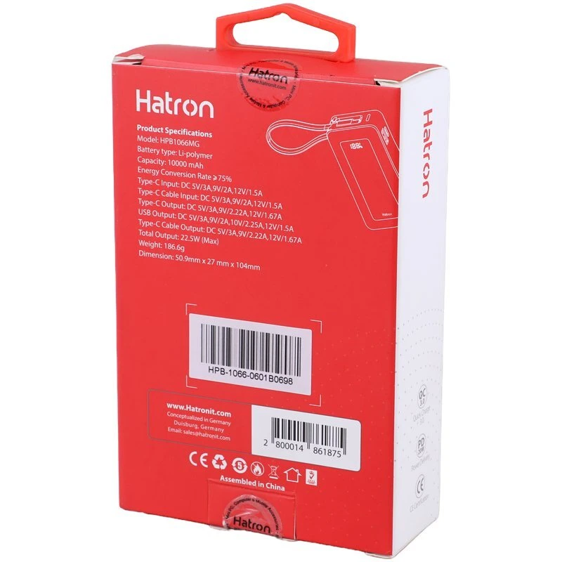 پاور بانک فست شارژ هترون HPB1066MG QC3.0 PD 22.5W ظرفیت 10000 میلی آمپر ساعت