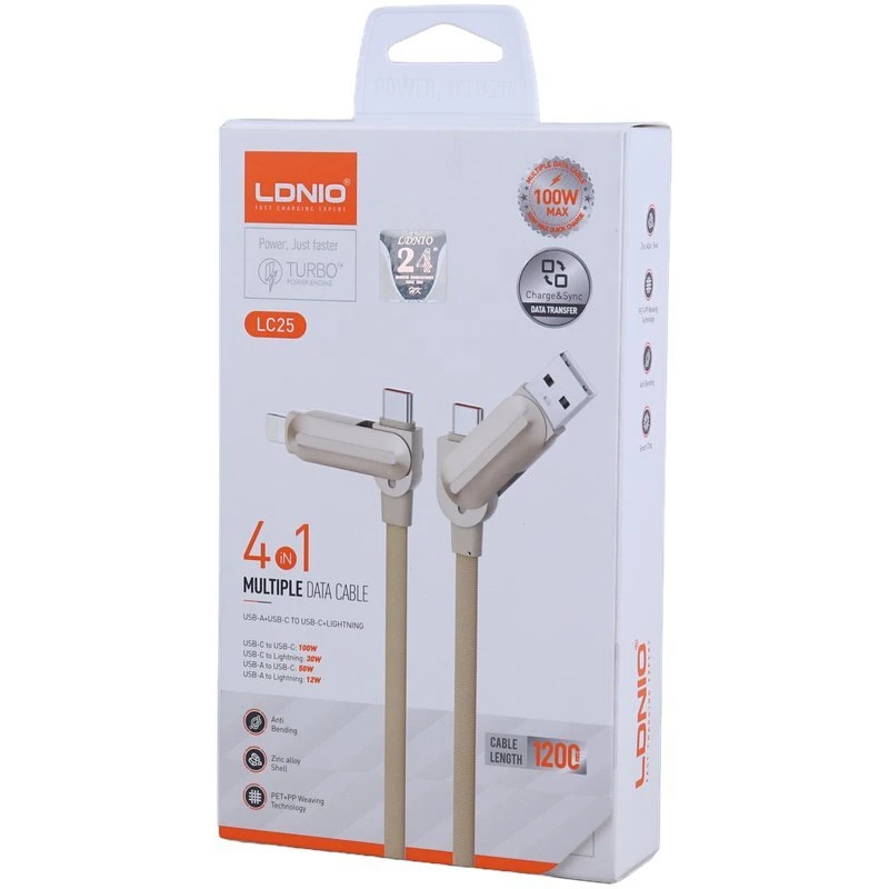 کابل شارژ چندکاره فست شارژ 100 وات الدینیو LC25 طول 1.2 متر