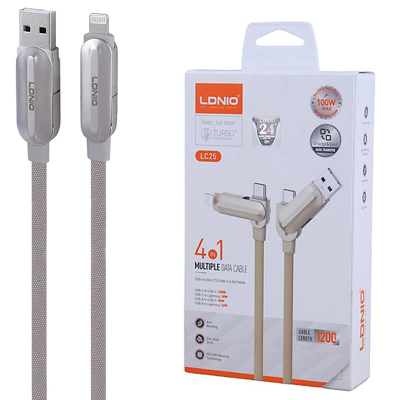 کابل شارژ چندکاره فست شارژ 100 وات الدینیو LC25 طول 1.2 متر