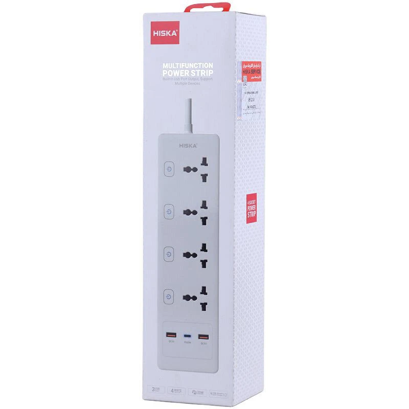 چند راهی 4 خانه هیسکا CH-5518EU با کابل 2 متری + شارژر USB و Type-C