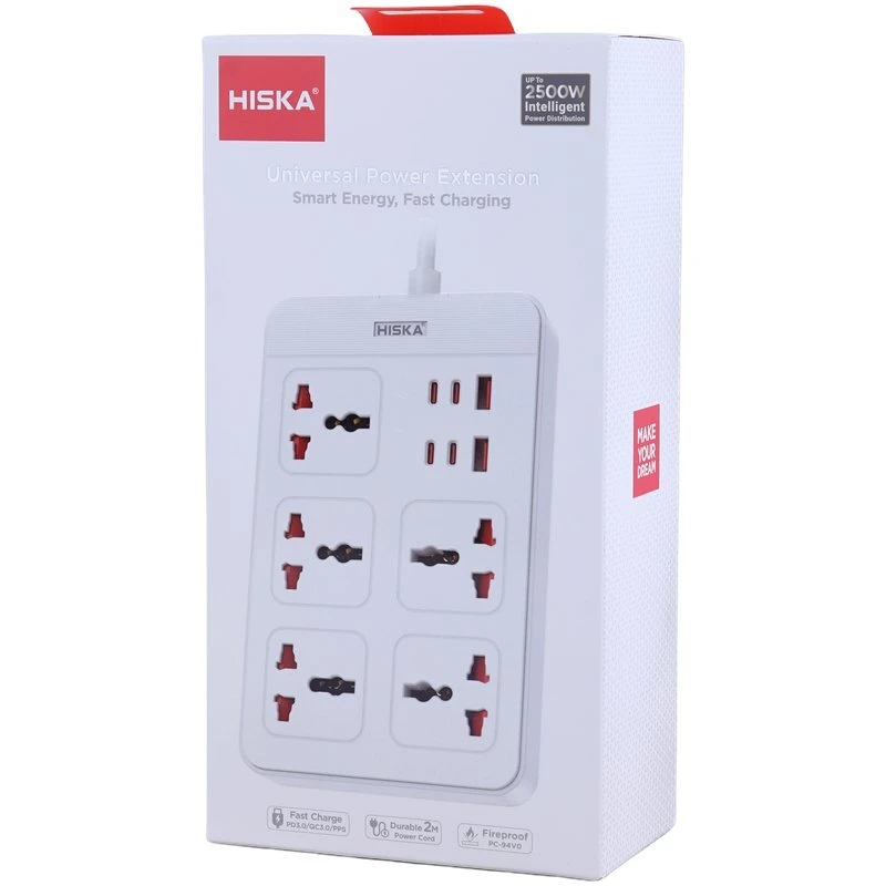 چند راهی 5 خانه هیسکا CH-5521 با کابل 2 متری + شارژر USB و Type-C