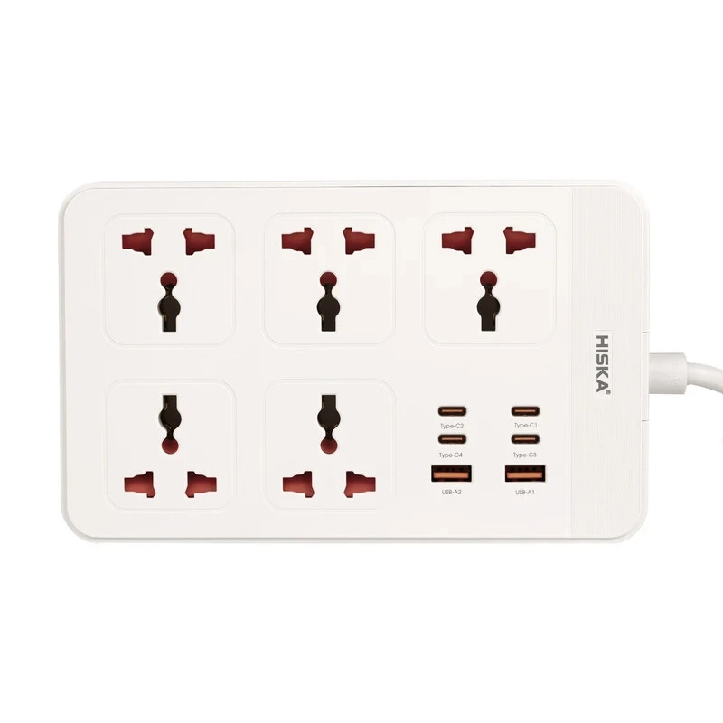 چند راهی 5 خانه هیسکا CH-5521 با کابل 2 متری + شارژر USB و Type-C