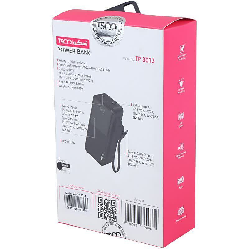 پاور بانک فست شارژ تسکو TP 3013 QC3.0 PD 22.5W ظرفیت 30000 میلی آمپر ساعت