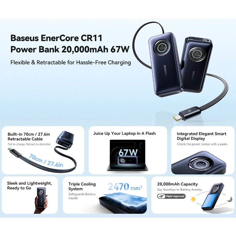پاور بانک فست شارژ باسئوس EnerCore CR11 E0027H00 PD 67W ظرفیت 20000 میلی آمپر ساعت