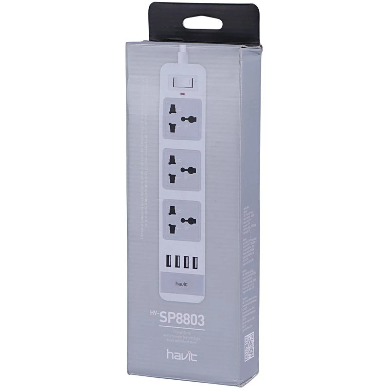 چند راهی 3 خانه ارت دار هویت HV-SP8803 با کابل 2 متری + شارژر USB