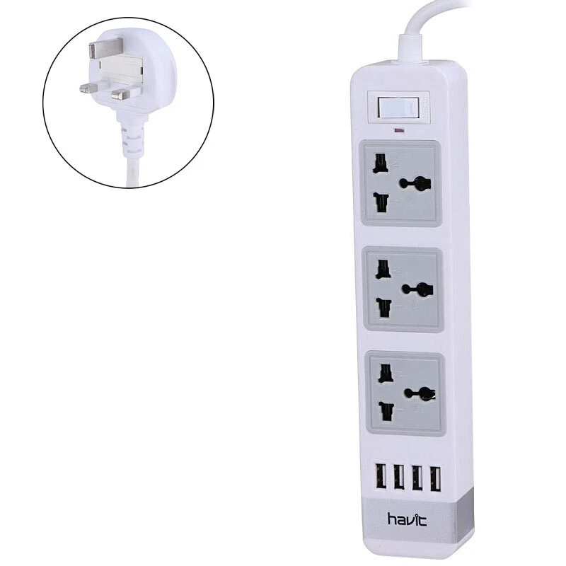 چند راهی 3 خانه ارت دار هویت HV-SP8803 با کابل 2 متری + شارژر USB